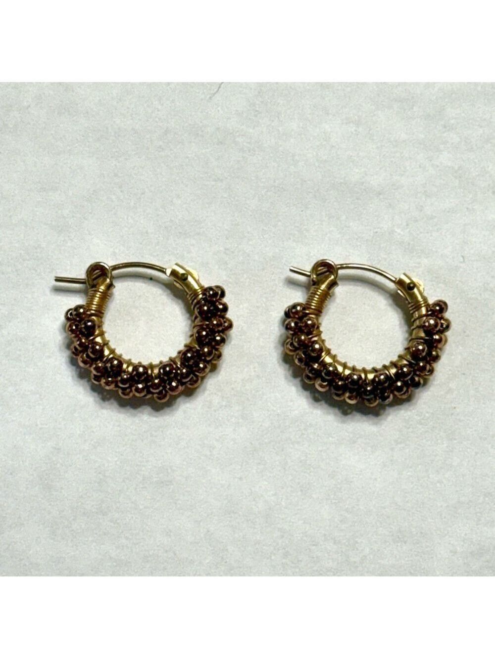 Gold Filled Huggie Hoop Earrings Wire Wrapped Beaded Rose Gold - Picture 2 of 4
